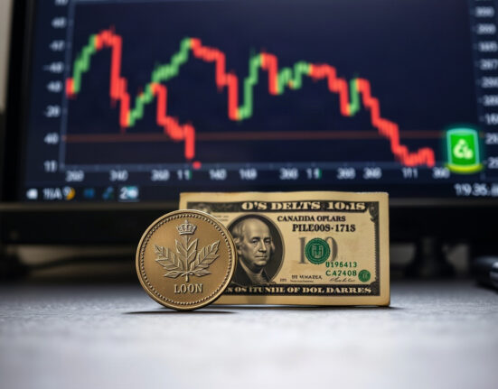 Canadian dollar coin and US dollar bill with declining chart in background