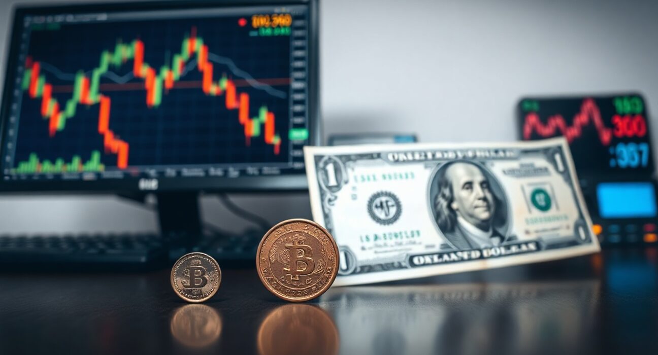 Canadian loonie coin and US dollar bill on desk with declining forex chart on monitor