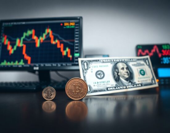 Canadian loonie coin and US dollar bill on desk with declining forex chart on monitor
