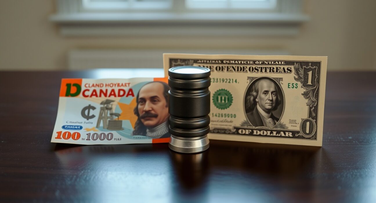 Canadian and US dollar banknotes with a small oil barrel figurine on a dark wood surface