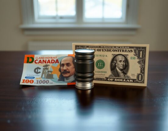 Canadian and US dollar banknotes with a small oil barrel figurine on a dark wood surface