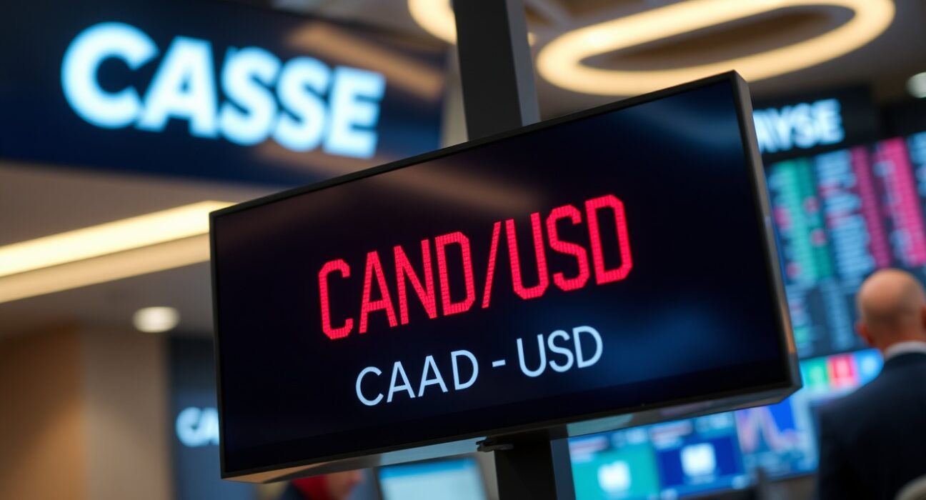 Digital trading screen showing CAD/USD exchange rate declining in red.