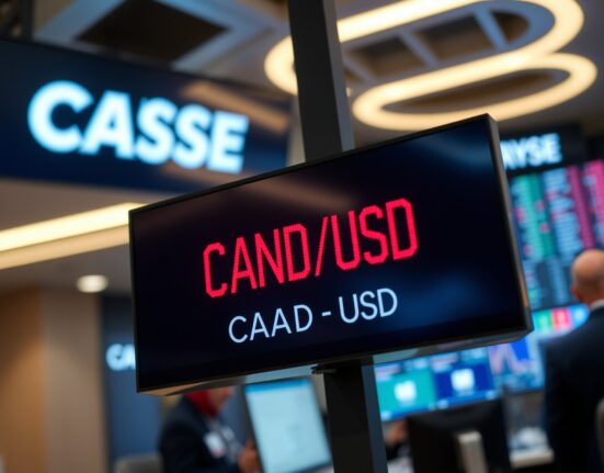 Digital trading screen showing CAD/USD exchange rate declining in red.