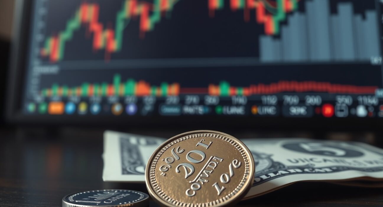 Canadian loonie coin and US dollar bill with financial charts in background