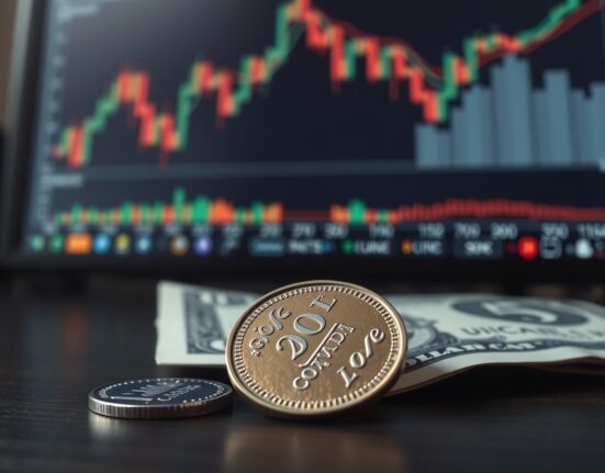 Canadian loonie coin and US dollar bill with financial charts in background