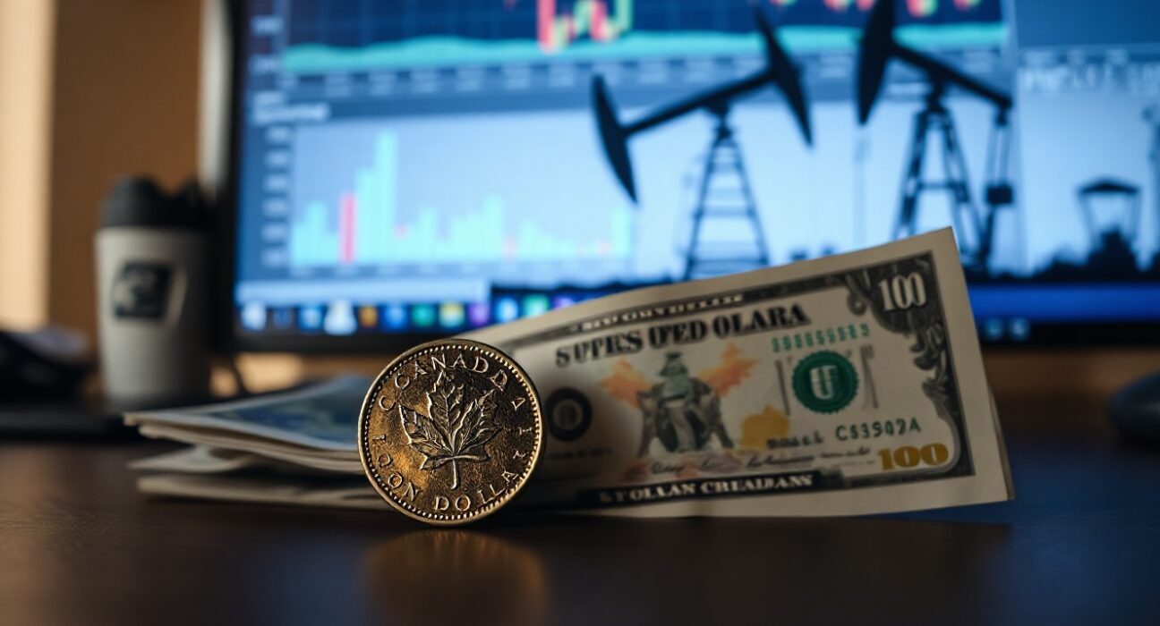 Canadian loonie coin and US dollar bill on a desk with financial charts and oil rig in background.