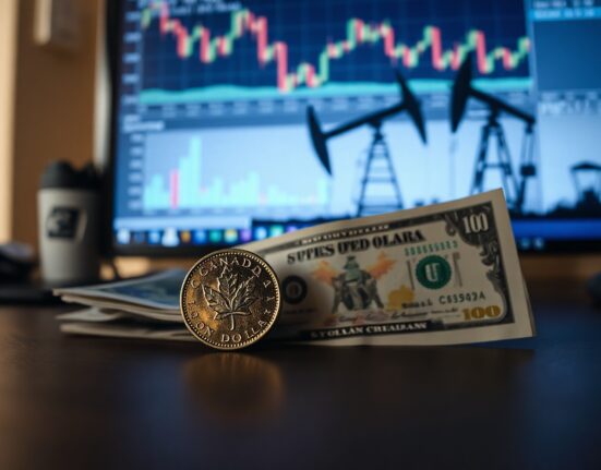 Canadian loonie coin and US dollar bill on a desk with financial charts and oil rig in background.