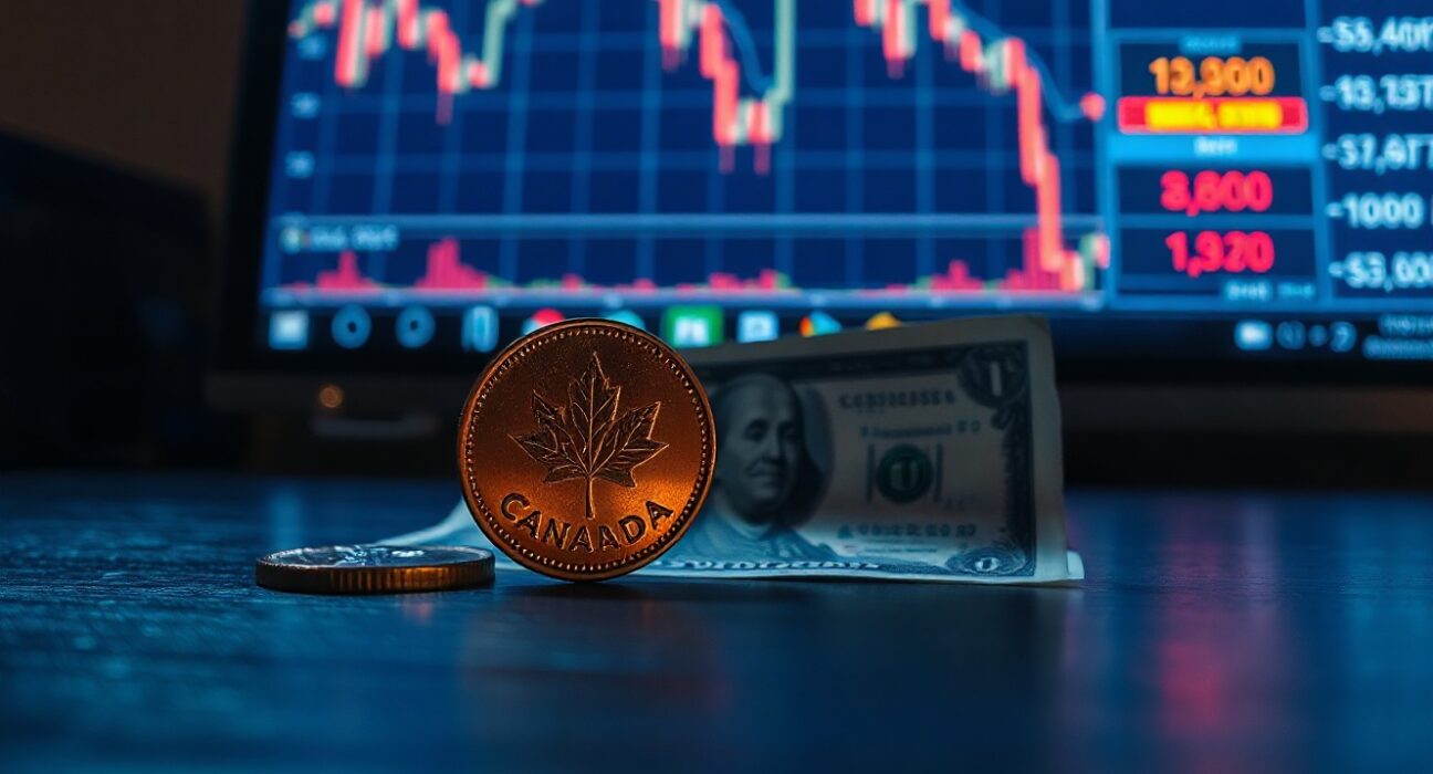 Canadian loonie coin and US dollar bill on desk with financial chart in background