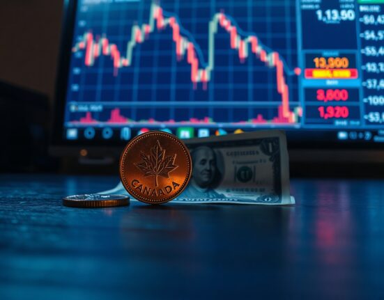 Canadian loonie coin and US dollar bill on desk with financial chart in background