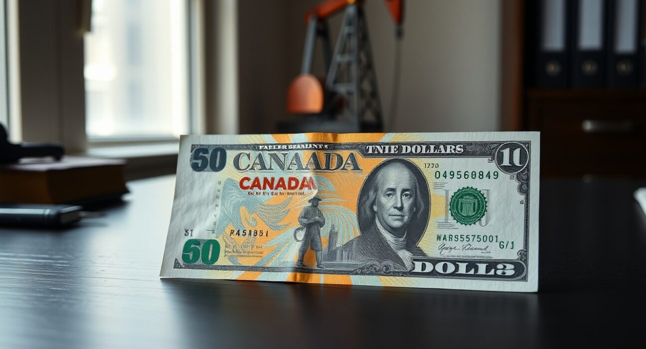 Canadian and US dollar banknotes on a desk with a small oil derrick in the background
