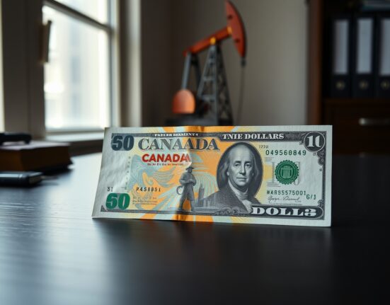 Canadian and US dollar banknotes on a desk with a small oil derrick in the background