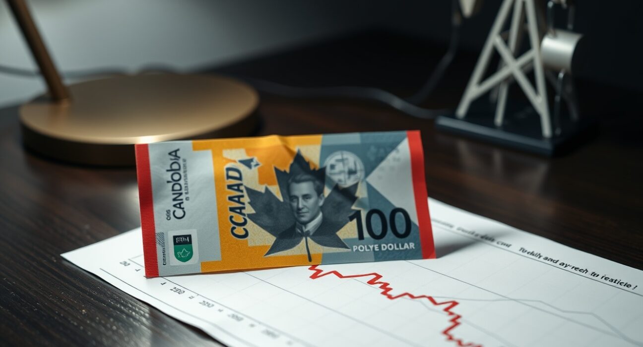 Canadian dollar banknote and financial chart with downward trend, representing currency weakness due to falling oil prices.