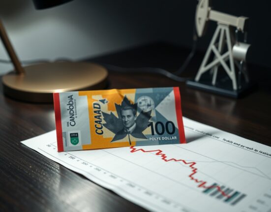 Canadian dollar banknote and financial chart with downward trend, representing currency weakness due to falling oil prices.