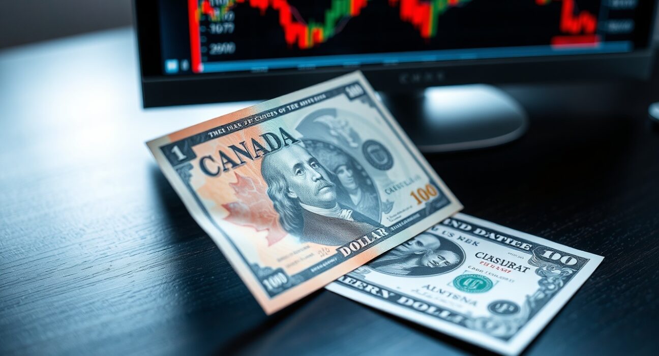 Canadian and US dollar banknotes on a desk with a blurred forex chart in the background, representing currency weakness.
