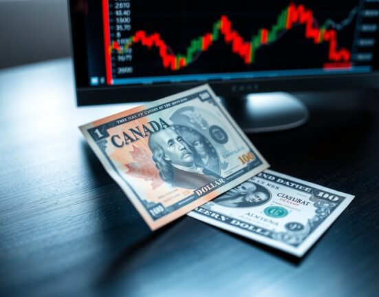 Canadian and US dollar banknotes on a desk with a blurred forex chart in the background, representing currency weakness.