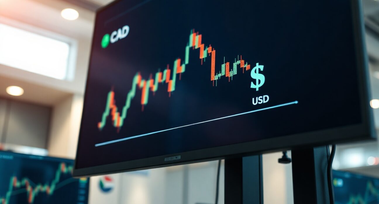 Financial chart showing CAD/USD exchange rate decline on a trading monitor