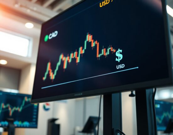 Financial chart showing CAD/USD exchange rate decline on a trading monitor