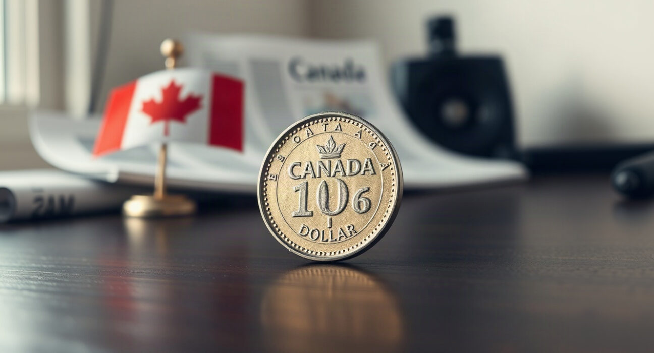Canadian loonie coin on a desk with financial newspaper and small Canadian flag in background