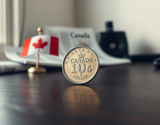 Canadian loonie coin on a desk with financial newspaper and small Canadian flag in background