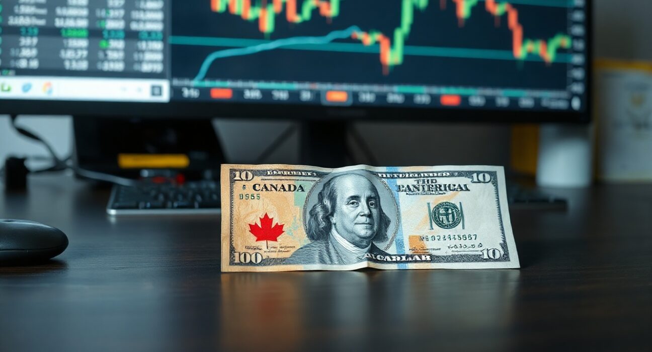 Canadian and US dollar banknotes on desk with financial chart overlay