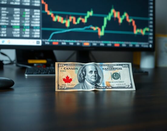 Canadian and US dollar banknotes on desk with financial chart overlay