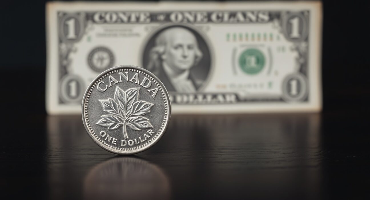 Canadian loonie coin and US dollar bill on a dark surface, representing currency exchange rate weakness.