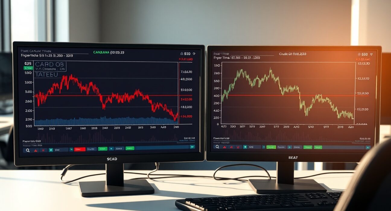 Analysis of Canadian dollar and oil price correlation on financial trading monitors