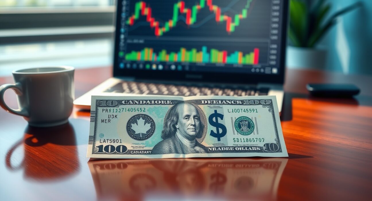 Canadian dollar and US dollar banknotes on desk with forex chart on laptop, illustrating CAD weekly gain and currency market trends.
