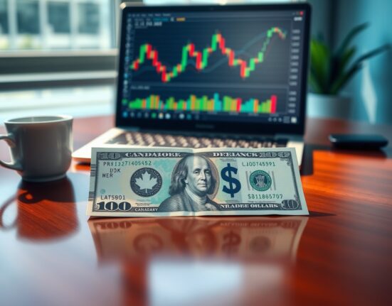 Canadian dollar and US dollar banknotes on desk with forex chart on laptop, illustrating CAD weekly gain and currency market trends.