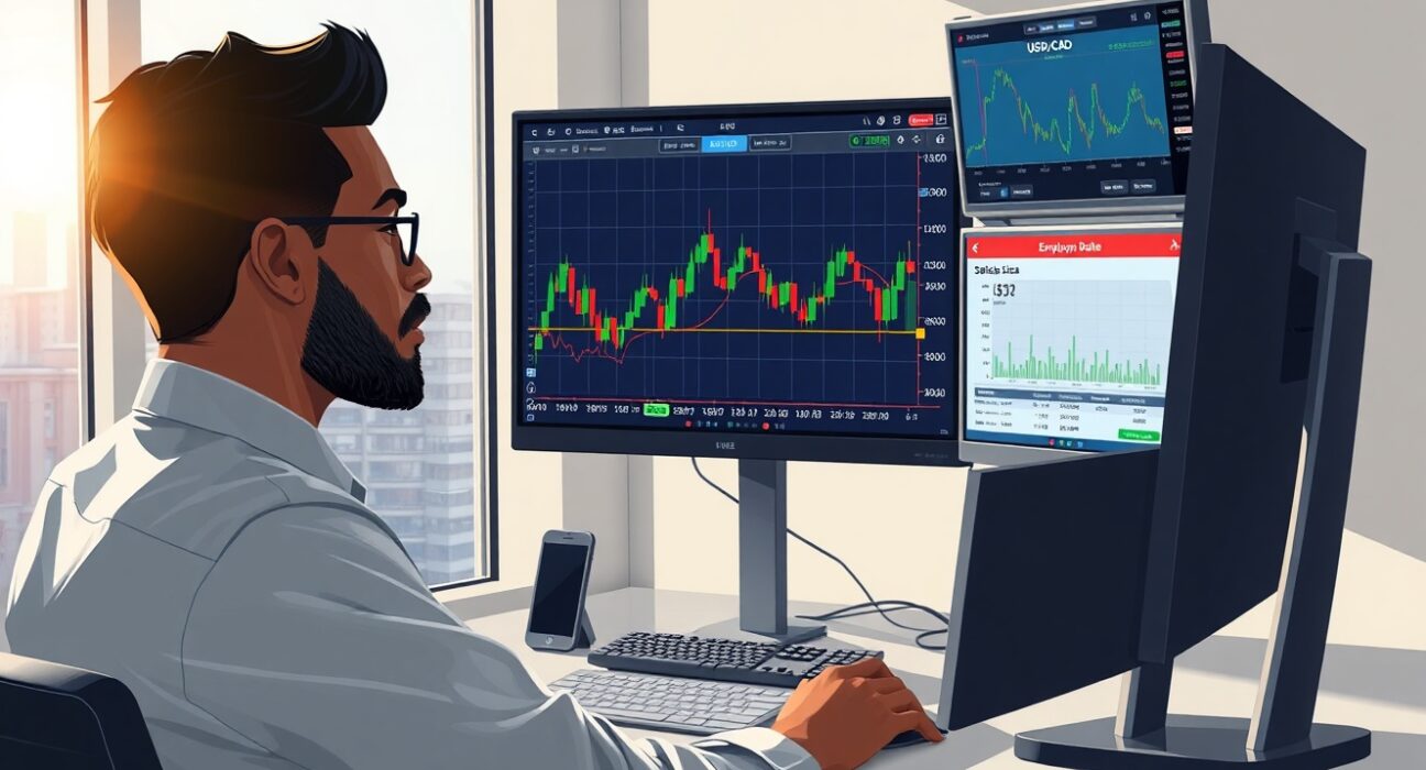 Forex trader analyzing Canadian employment data impact on USD/CAD currency pair charts