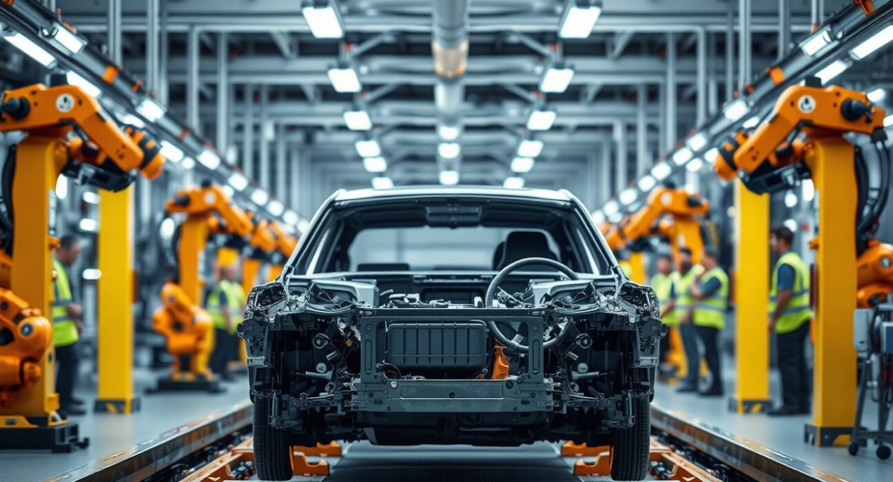 Interior of a Canadian auto assembly plant with a vehicle on the production line