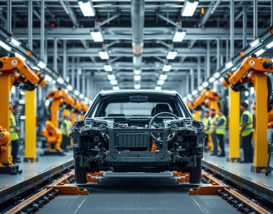 Interior of a Canadian auto assembly plant with a vehicle on the production line