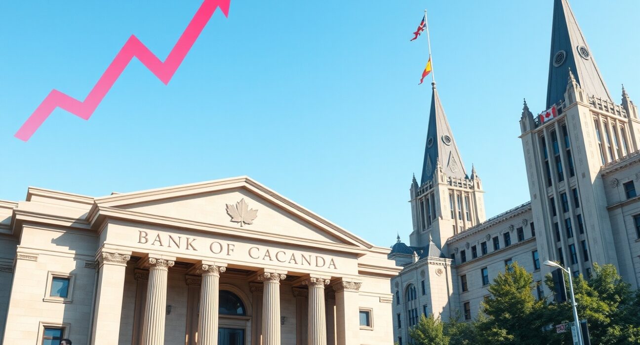 Bank of Canada building in Ottawa with indicators of rising inflation and economic analysis.
