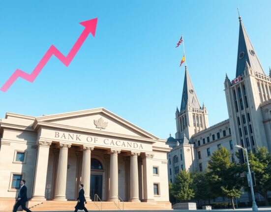 Bank of Canada building in Ottawa with indicators of rising inflation and economic analysis.