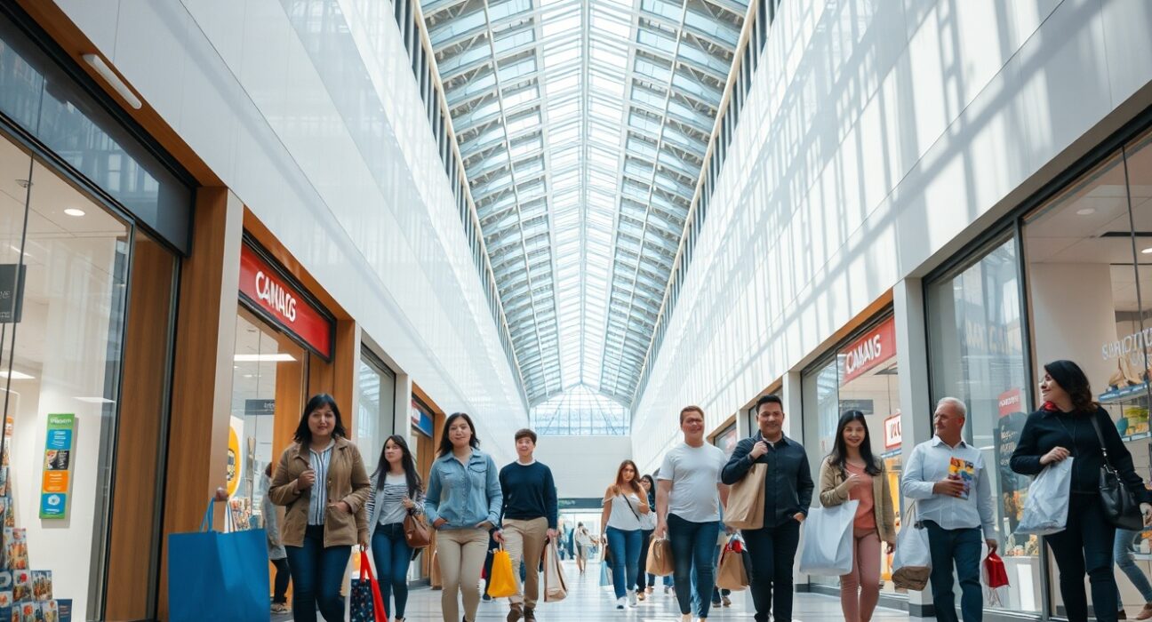 Canadian retail data analysis for consumption rebound forecast by TD Securities, showing shoppers in a modern mall.