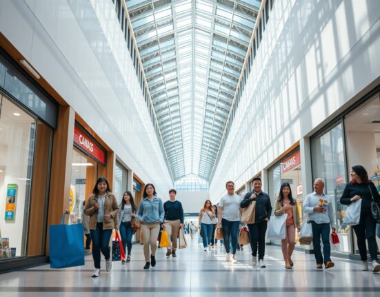 Canadian retail data analysis for consumption rebound forecast by TD Securities, showing shoppers in a modern mall.
