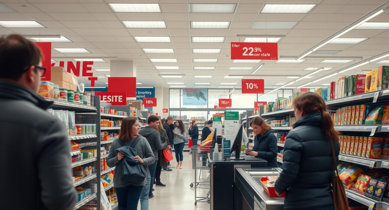 Interior of a busy Canadian retail store with shoppers and a checkout counter.
