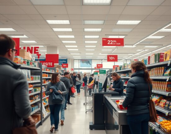 Interior of a busy Canadian retail store with shoppers and a checkout counter.