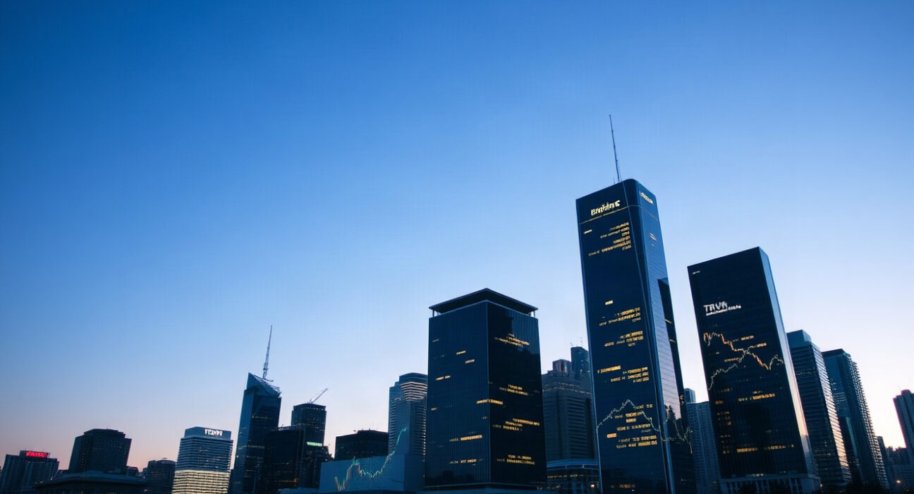 Financial district skyline with digital trading charts overlay, symbolizing cryptocurrency ETF filing.