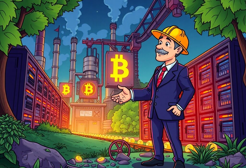 A cartoon illustration showing Cango's strategic acquisition of a 50 MW Bitcoin mining facility in Georgia, symbolizing growth in crypto mining investment.