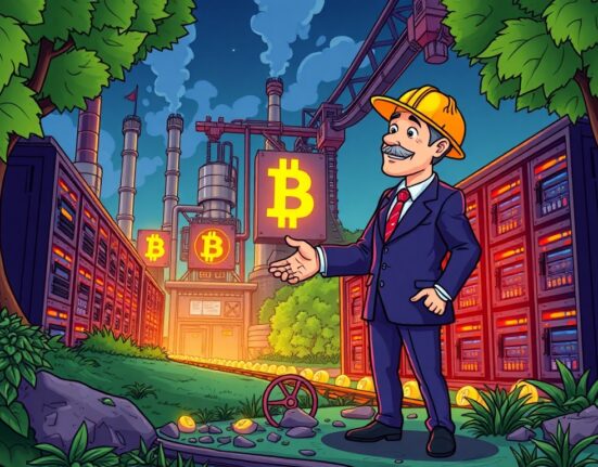 A cartoon illustration showing Cango's strategic acquisition of a 50 MW Bitcoin mining facility in Georgia, symbolizing growth in crypto mining investment.