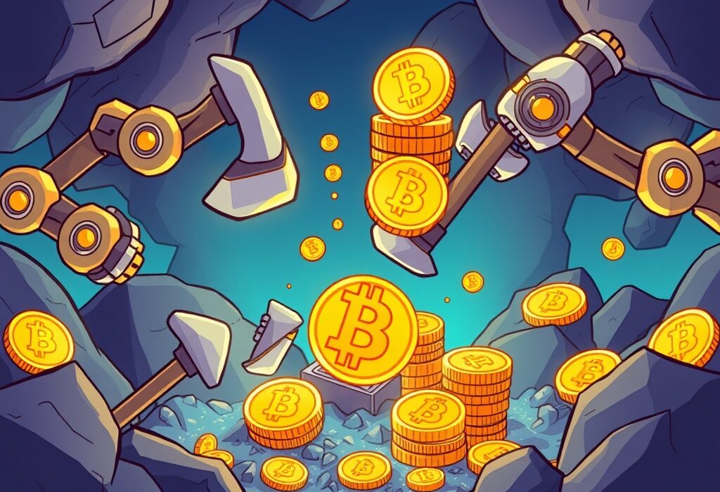 A vibrant cartoon illustration showing a mining operation accumulating Cango Bitcoin mining assets and digital wealth.