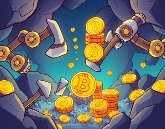 A vibrant cartoon illustration showing a mining operation accumulating Cango Bitcoin mining assets and digital wealth.