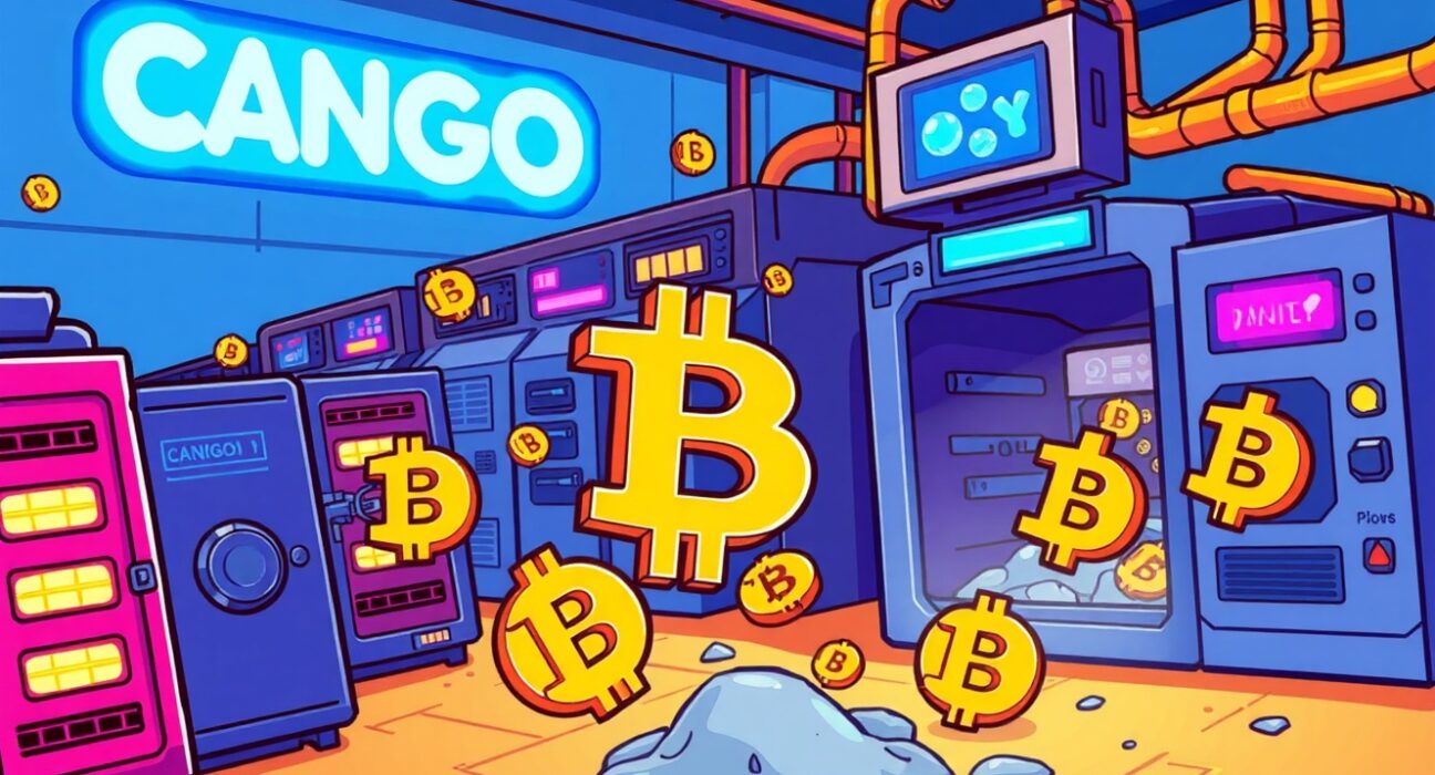A cartoon depiction of Cango Bitcoin mining operations, illustrating the company's successful accumulation of BTC.