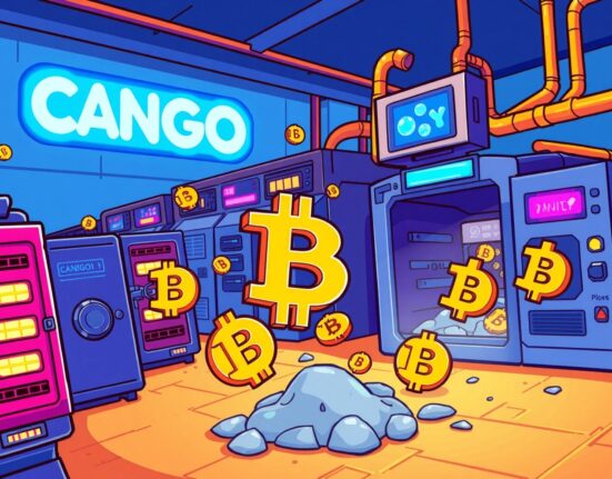 A cartoon depiction of Cango Bitcoin mining operations, illustrating the company's successful accumulation of BTC.