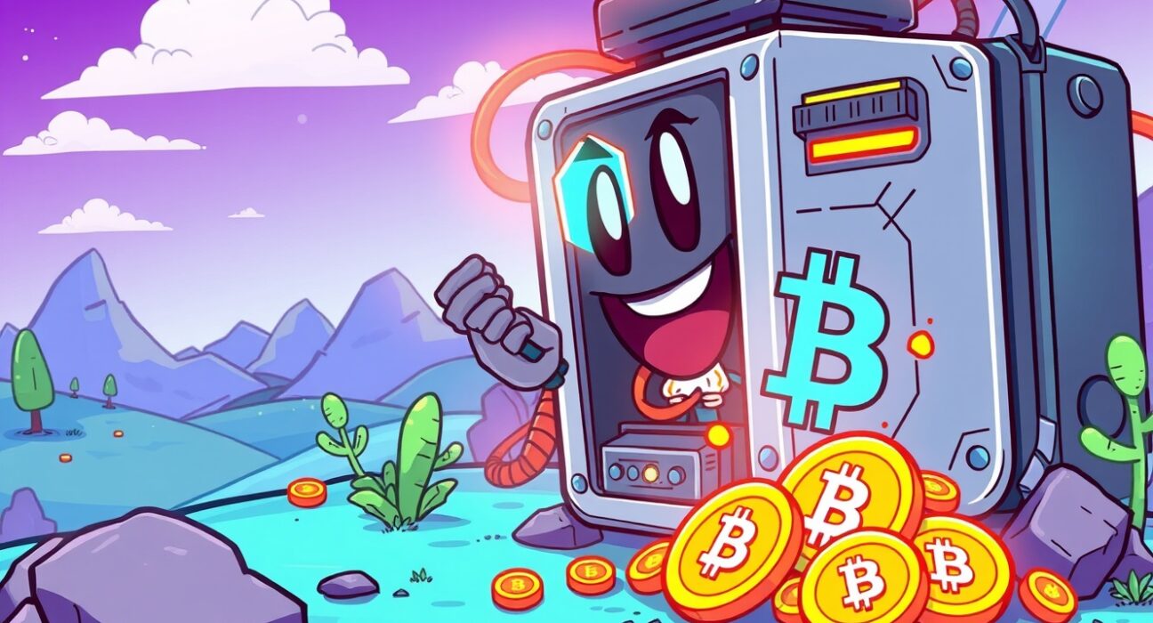 A vibrant cartoon illustration of successful Bitcoin mining operations, showing digital coins being unearthed.