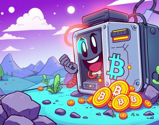 A vibrant cartoon illustration of successful Bitcoin mining operations, showing digital coins being unearthed.
