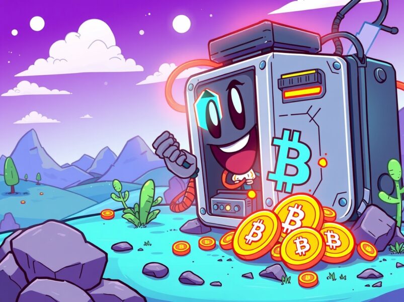 A vibrant cartoon illustration of successful Bitcoin mining operations, showing digital coins being unearthed.