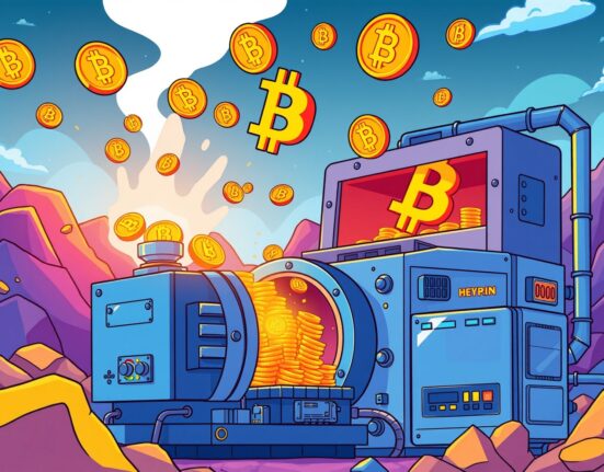Bitcoin mining operation showing digital coins being extracted from computational machinery in vibrant cartoon style