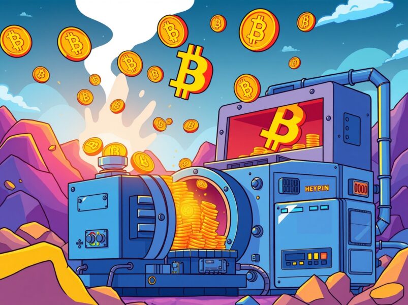 Bitcoin mining operation showing digital coins being extracted from computational machinery in vibrant cartoon style